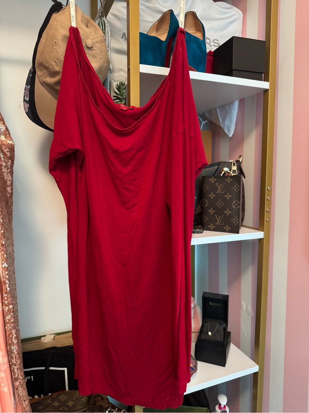 Guess Red Long Sleeve Draped Neck Dress